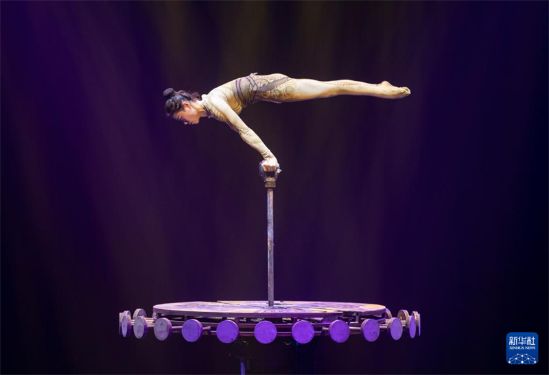 Η ηθοποι?? Γουανγκ Μ?νγκτσεν απ? τον Ακροβατικ? Θ?ασο τη? Επαρχ?α? Τζι?νγκσου καταπλ?σσει στην παρ?σταση ?Επιδεξι?τητε? Κατακ?ρυφου? στη Στουτγκ?ρδη τη? Γερμαν?α?, στι? 28 Δεκεμβρ?ου του 2023. (Φωτογραφ?α / Xinhua)