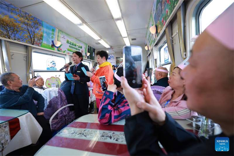 ?να? επιβ?τη? δ?νει παρ?σταση μαζ? με ?ναν συνοδ? τρ?νου στο τουριστικ? τρ?νο Y64 στην επαρχ?α Χε?λονγκτζι?νγκ, στη βορειοανατολικ? Κ?να, στι? 15 Μαρτ?ου 2025. Φωτογραφ?α / Xinhua